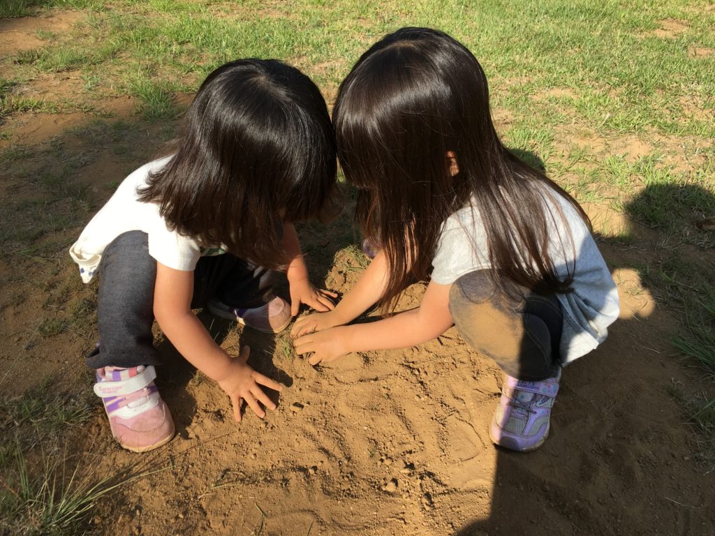 砂遊びをする姉妹